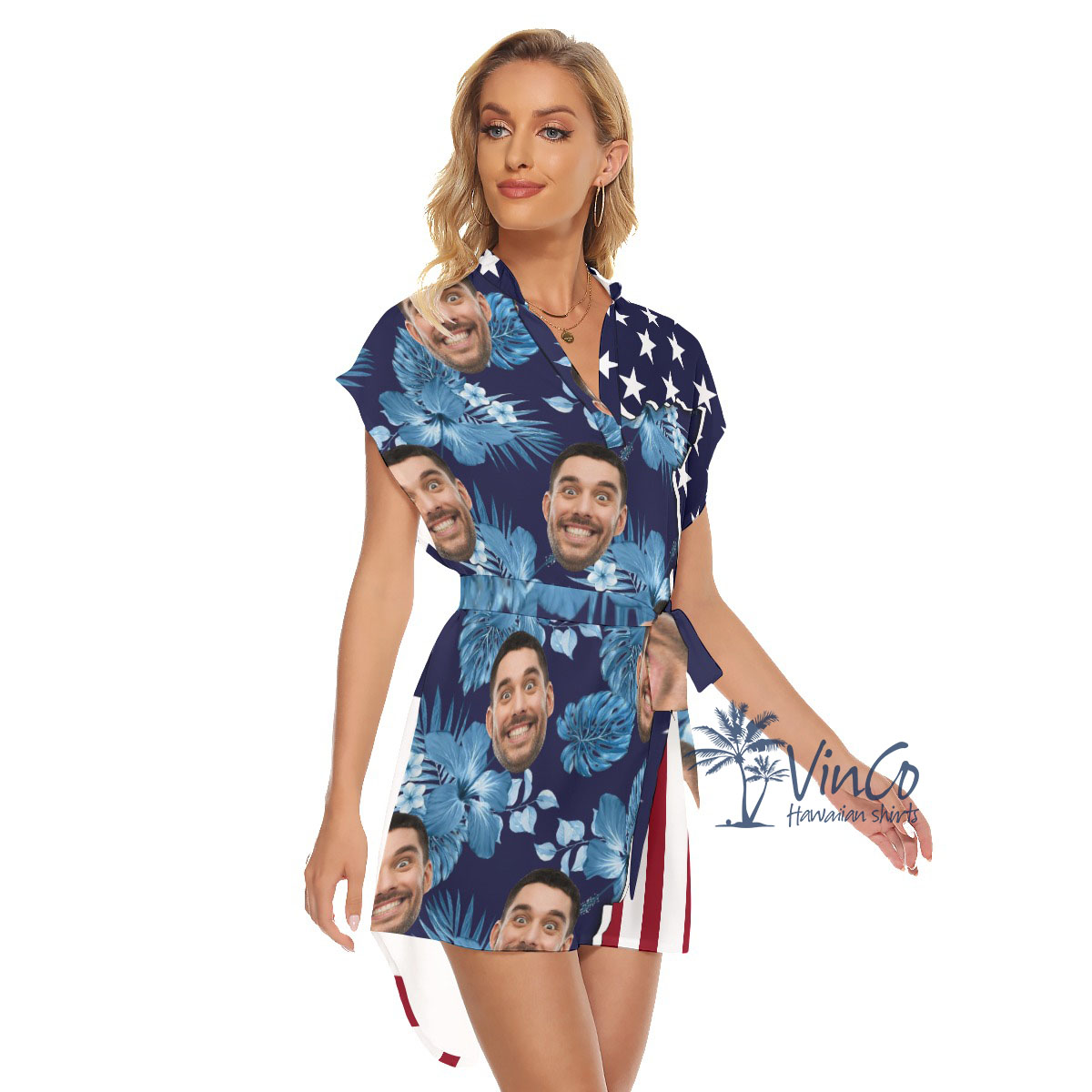 Custom American Flag Hibiscus Hawaiian Dress With Face