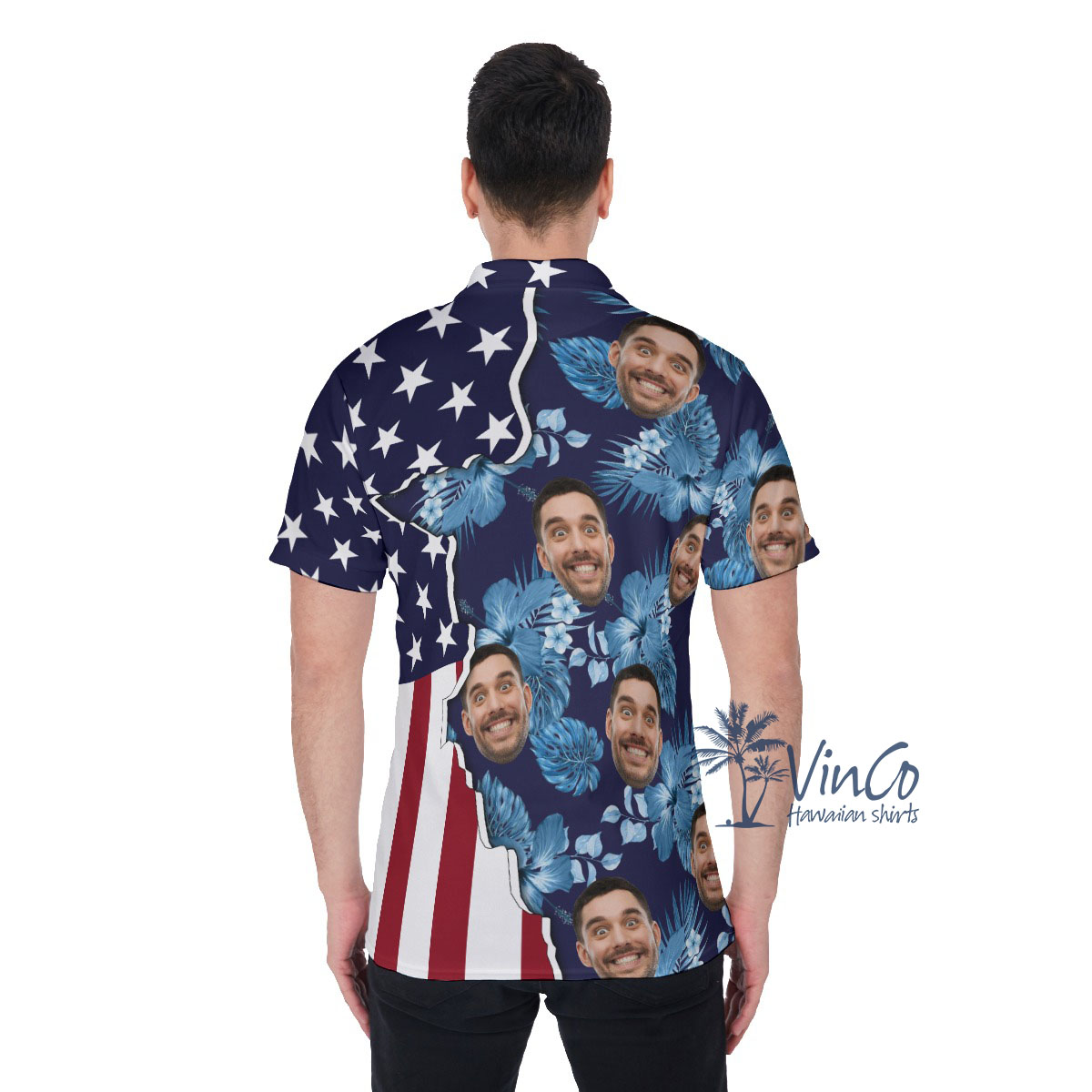 Custom Face American Flag Hibiscus Men's Polo Shirt