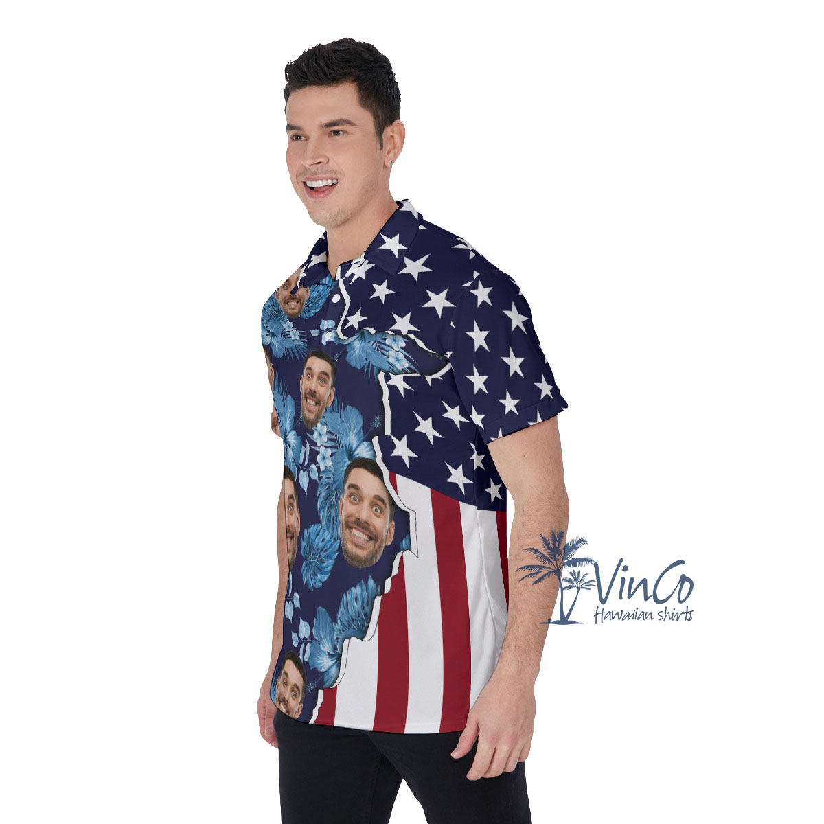 Custom Face American Flag Hibiscus Men's Polo Shirt