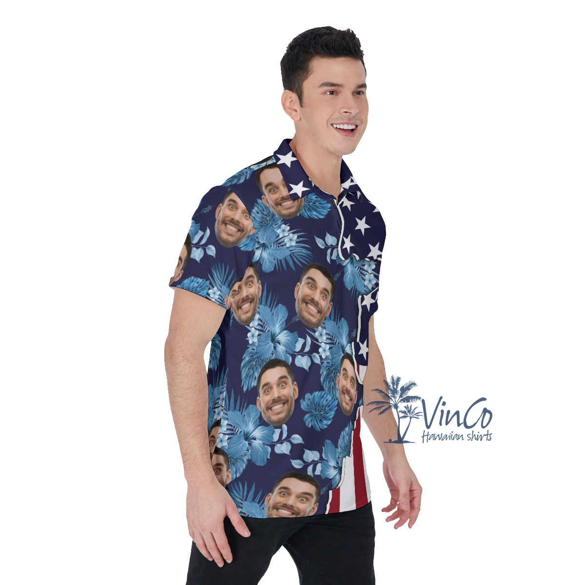 Custom Face American Flag Hibiscus Men's Polo Shirt