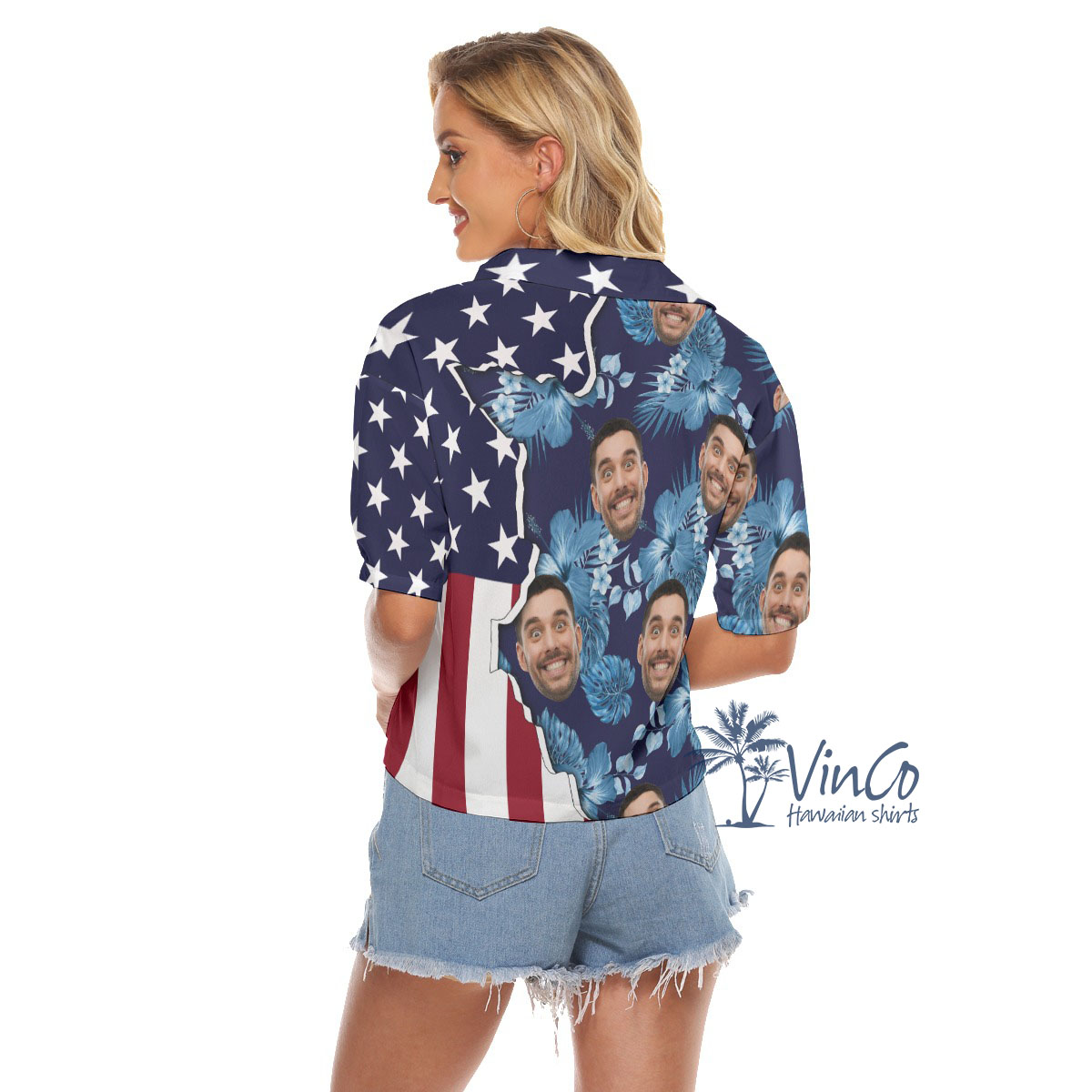 Custom Face American Flag Women's Hawaiian Crop Top