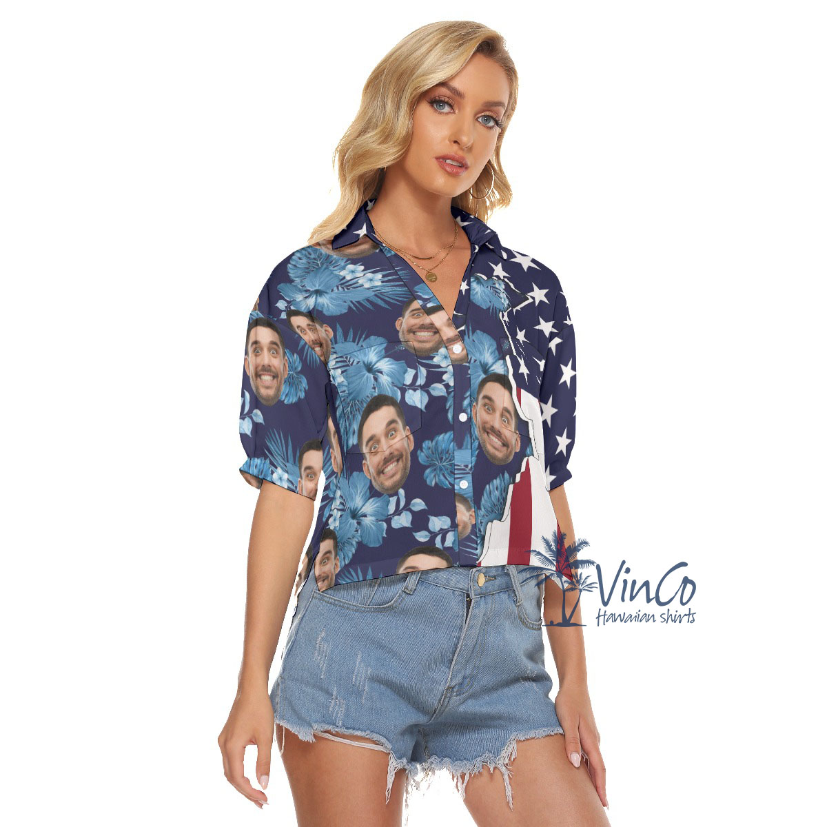 Custom Face American Flag Women's Hawaiian Crop Top