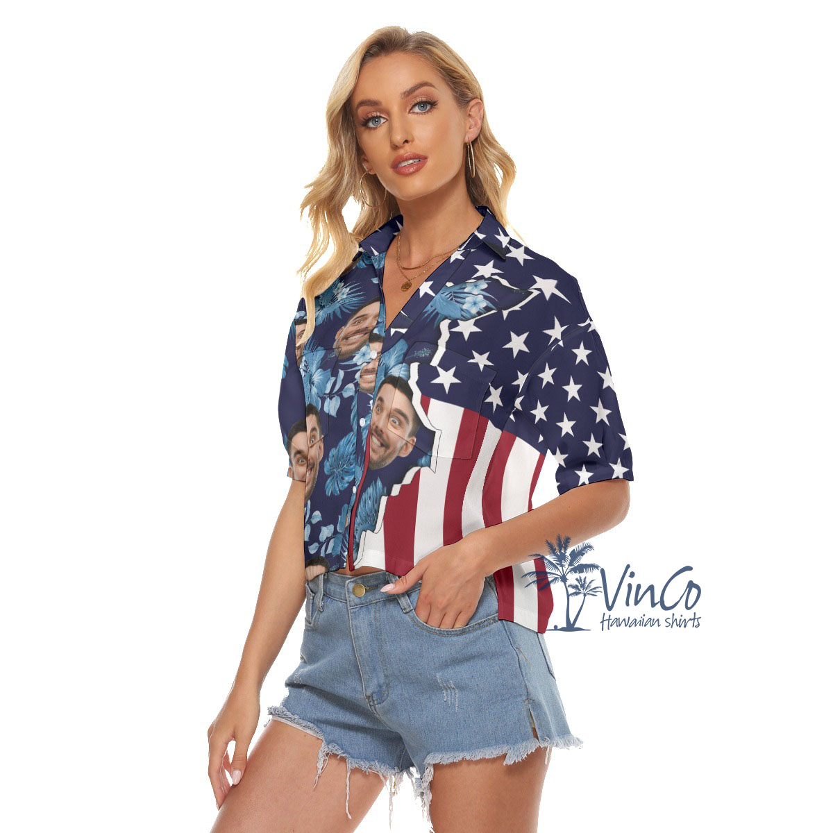 Custom Face American Flag Women's Hawaiian Crop Top