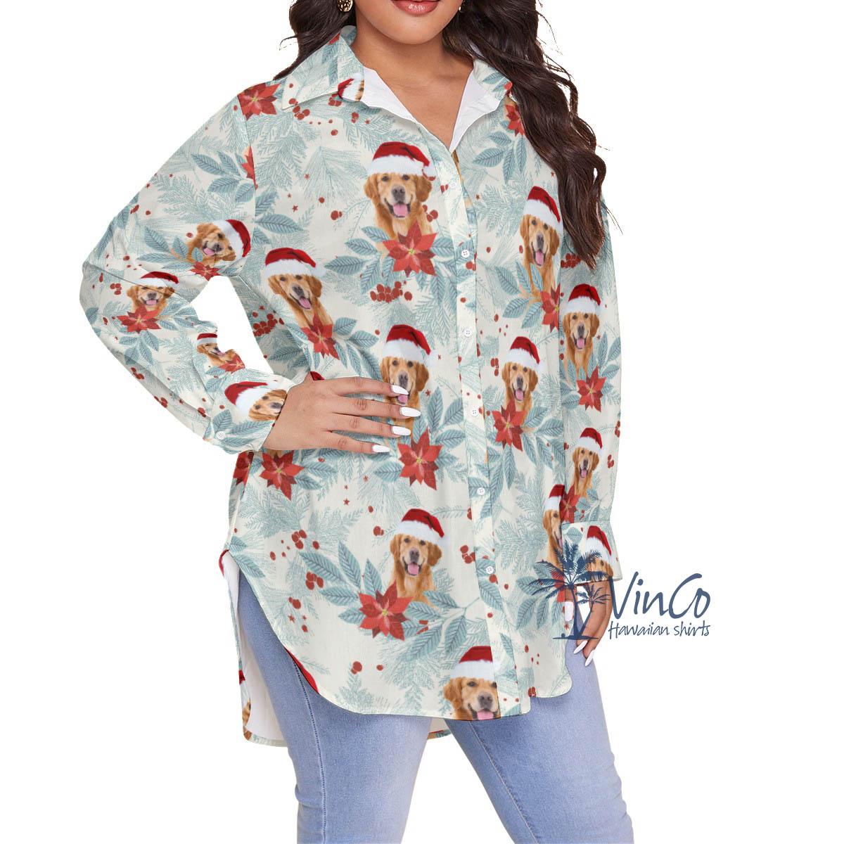 Custom Dog Face Christmas Plus Size Hawaiian Shirt For Women