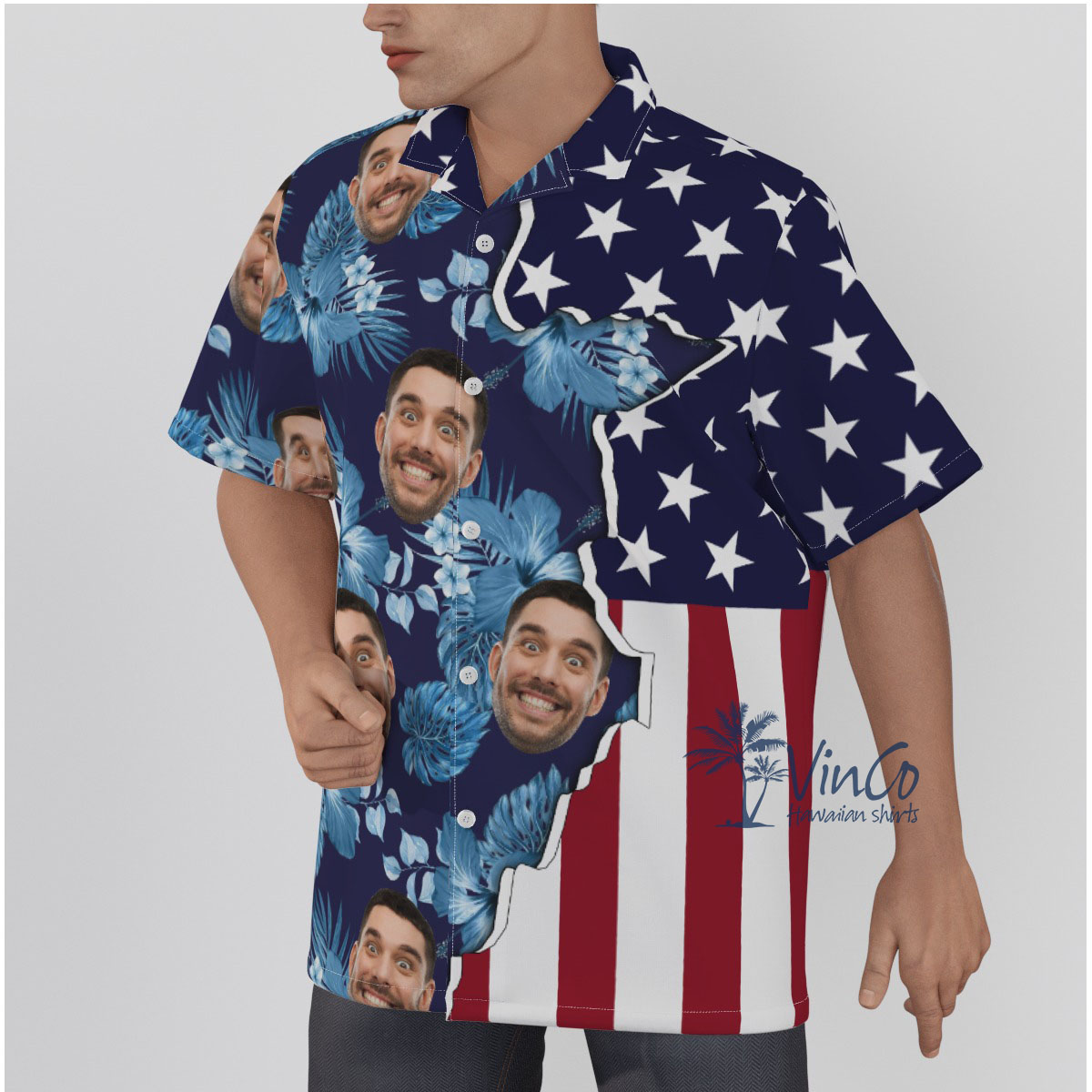 Custom Face American Flag Floral Hawaiian Shirt