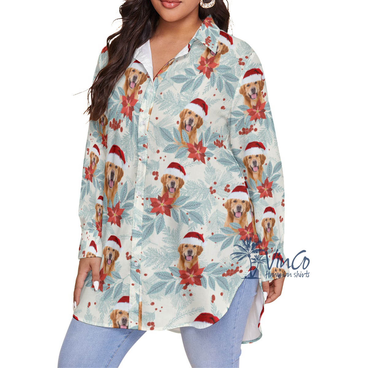 Custom Dog Face Christmas Plus Size Hawaiian Shirt For Women