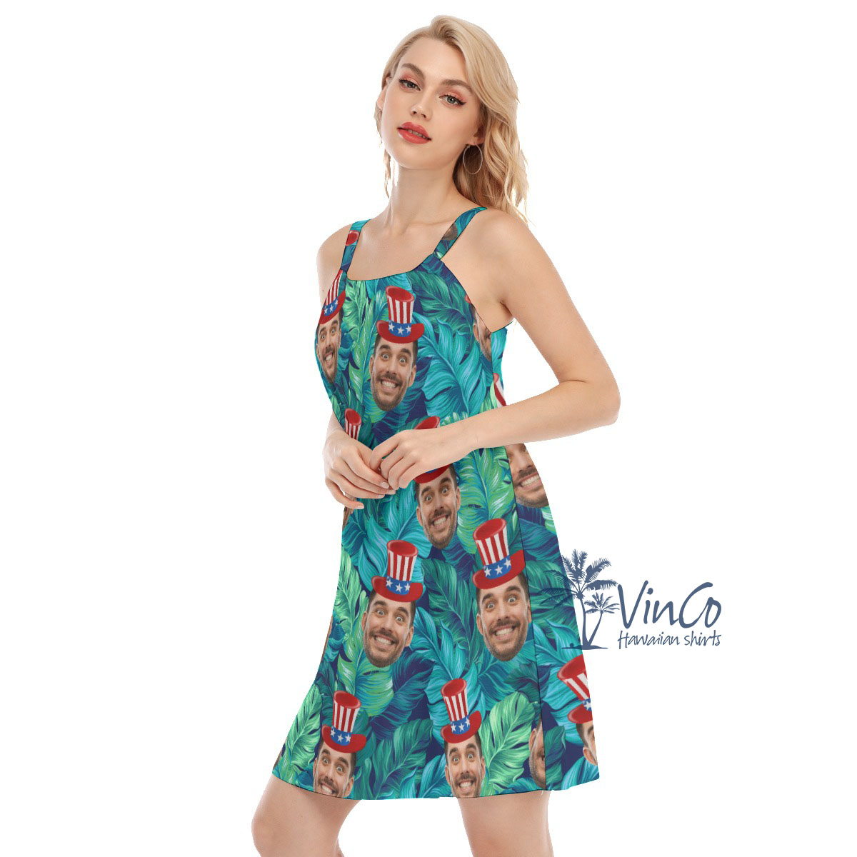 American Independent Custom Tropical Cami Dress With Multiple Faces