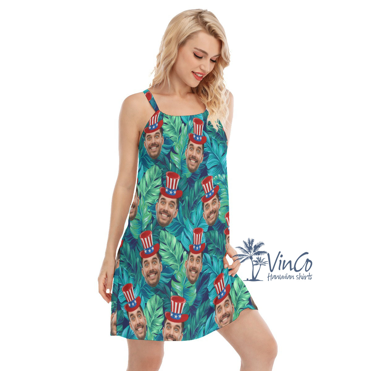 American Independent Custom Tropical Cami Dress With Multiple Faces