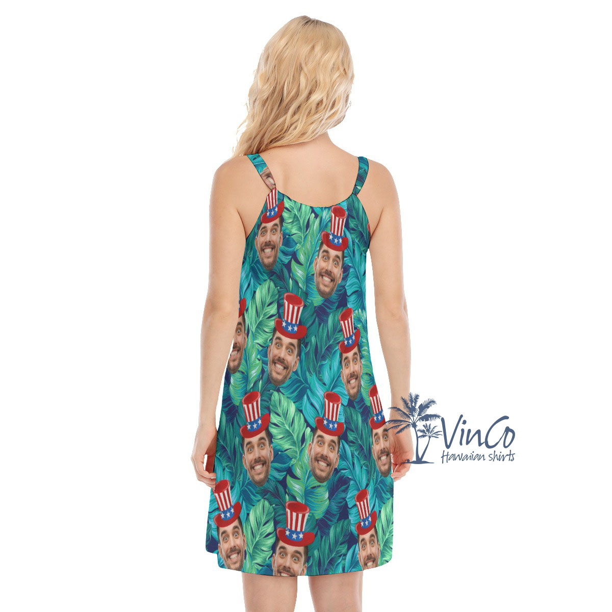American Independent Custom Tropical Cami Dress With Multiple Faces