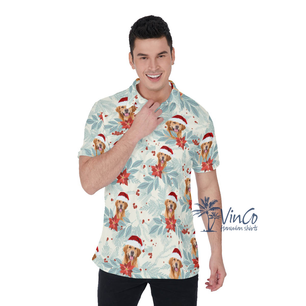Custom Dog Face Christmas Hawaiian Polo Shirt For Men - variant image 1