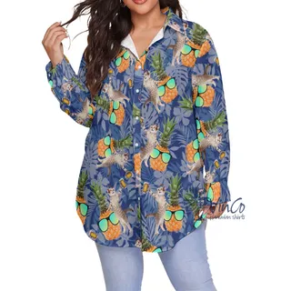 Funny Pineapple DJ Cat Hawaiian Plus Size Shirt For Women