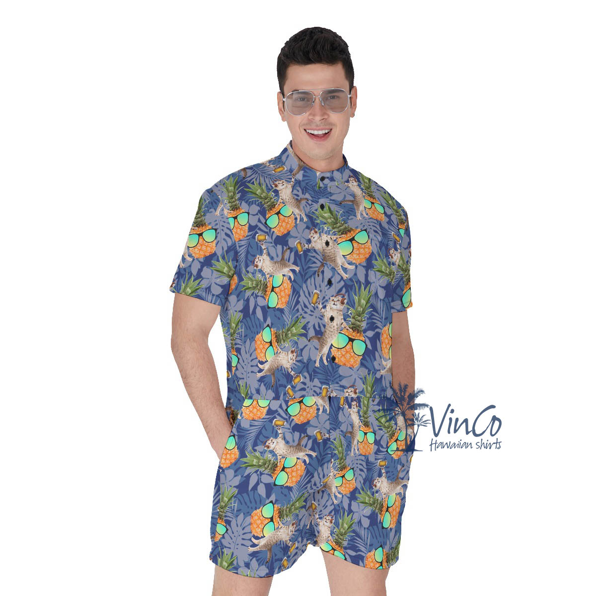 Funny DJ Cat Beer Pineapple Hawaiian Romper For Men - variant image 1