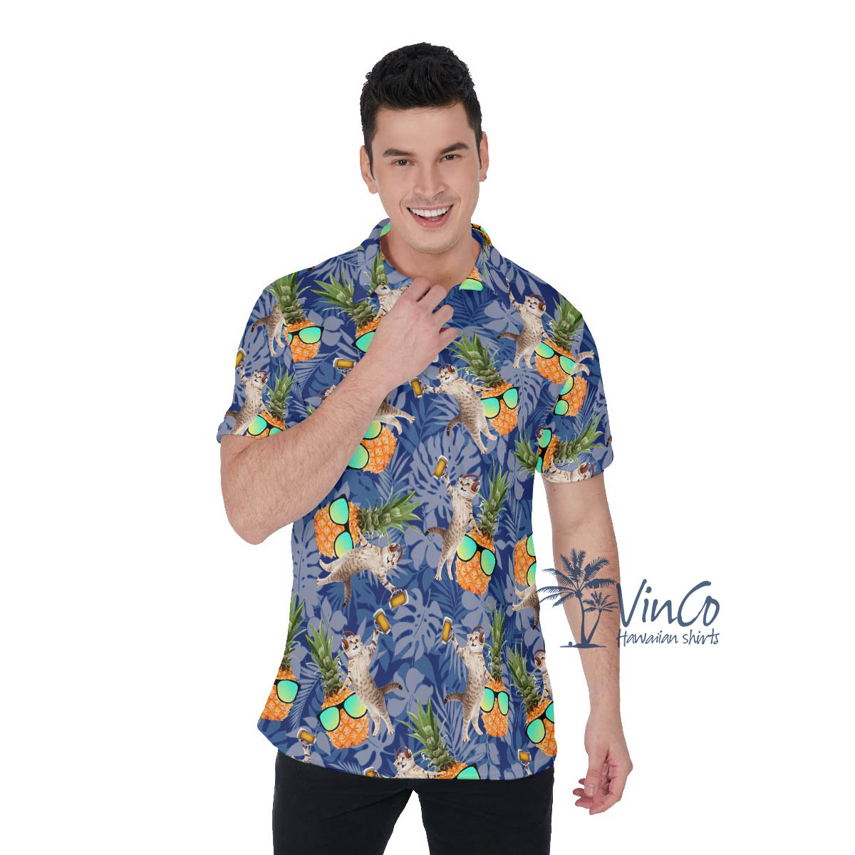 Funny Pineapple DJ Cat Hawaiian Polo Shirt For Men - variant image 1