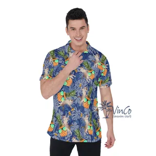 Funny Pineapple DJ Cat Hawaiian Polo Shirt For Men
