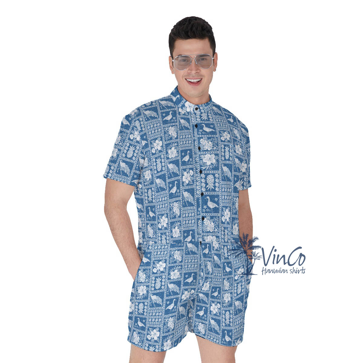 American Flag Blue Vintage Hawaiian Romper For Men - variant image 1