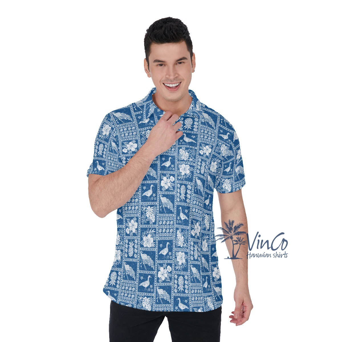 American Flag Hawaiian Goose Blue Golf Shirt For Men - variant image 1