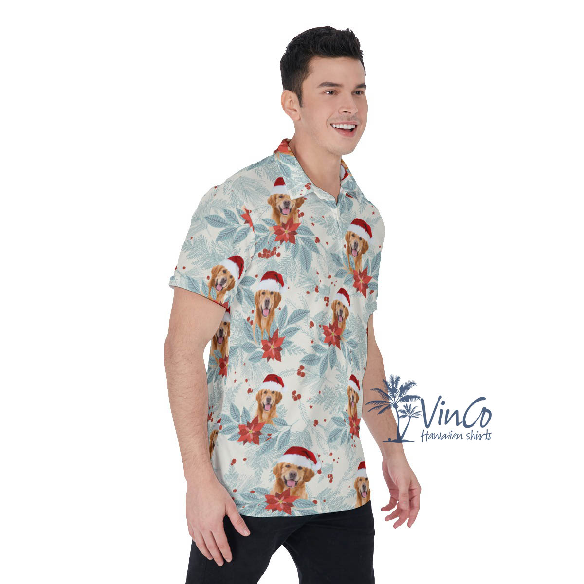 Custom Dog Face Christmas Hawaiian Polo Shirt For Men