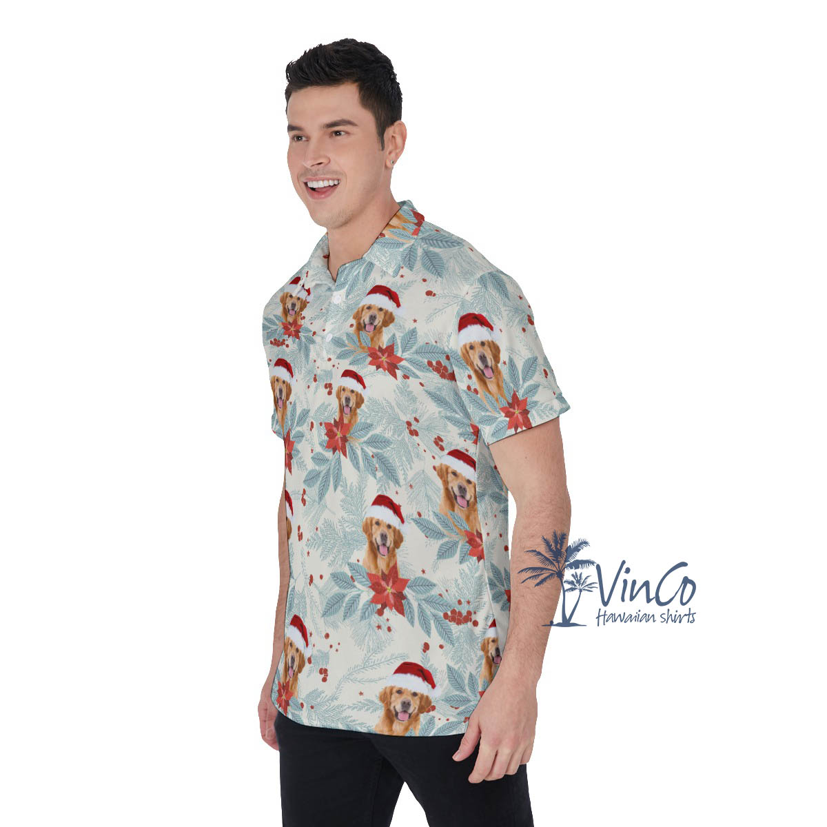 Custom Dog Face Christmas Hawaiian Polo Shirt For Men
