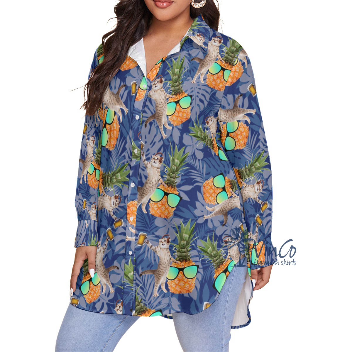 Funny Pineapple DJ Cat Hawaiian Plus Size Shirt For Women