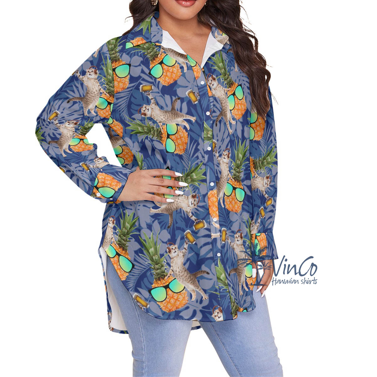 Funny Pineapple DJ Cat Hawaiian Plus Size Shirt For Women