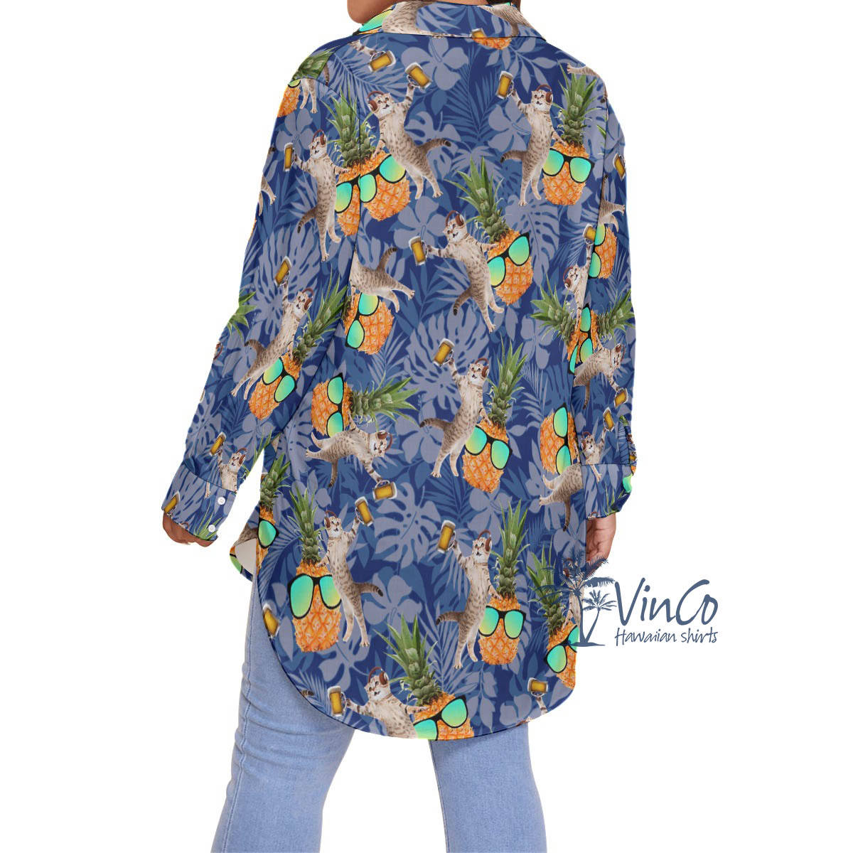 Funny Pineapple DJ Cat Hawaiian Plus Size Shirt For Women