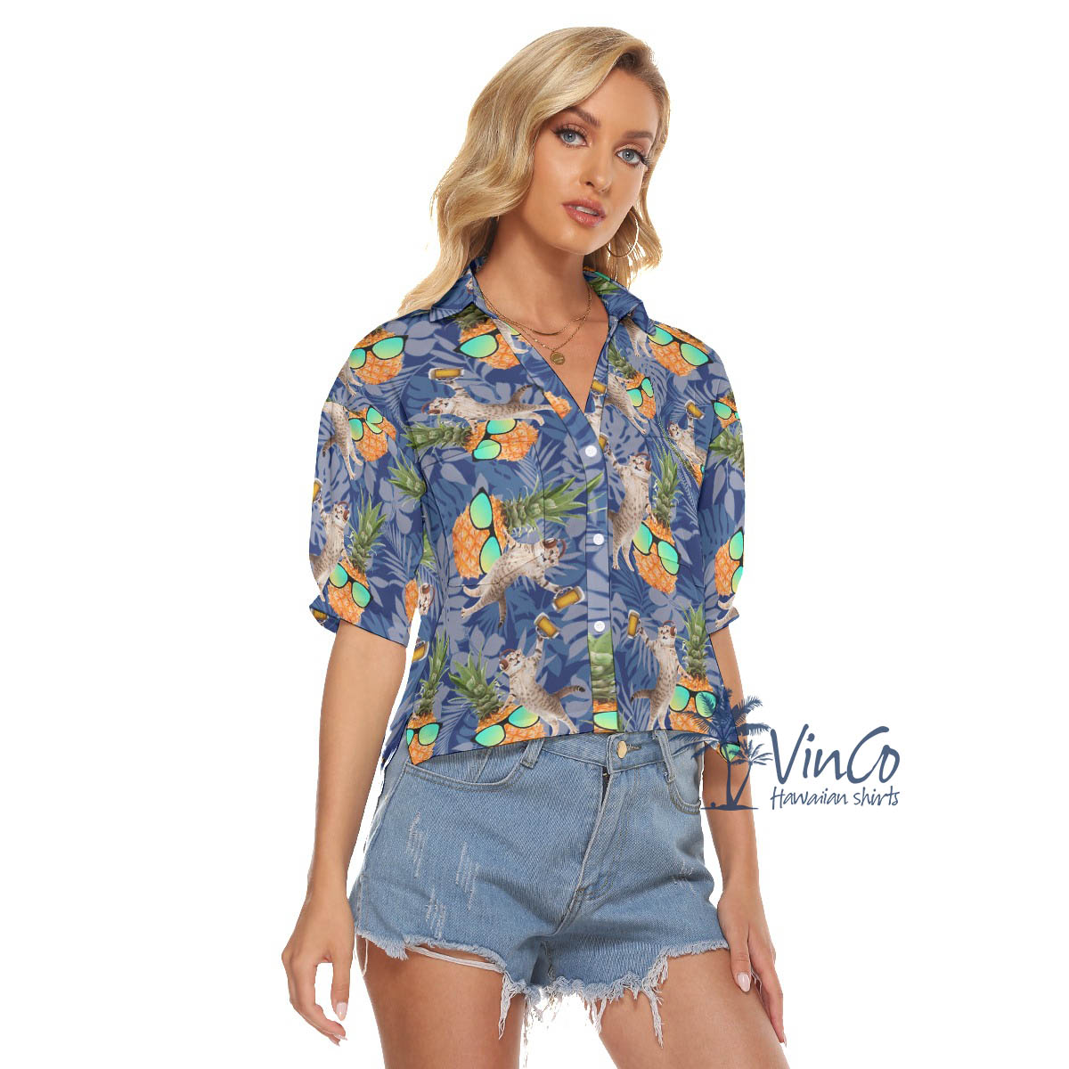 Cool Pineapple DJ Cat Hawaiian Crop Top Shirt For Women