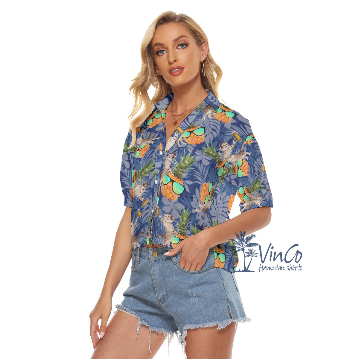 Cool Pineapple DJ Cat Hawaiian Crop Top Shirt For Women