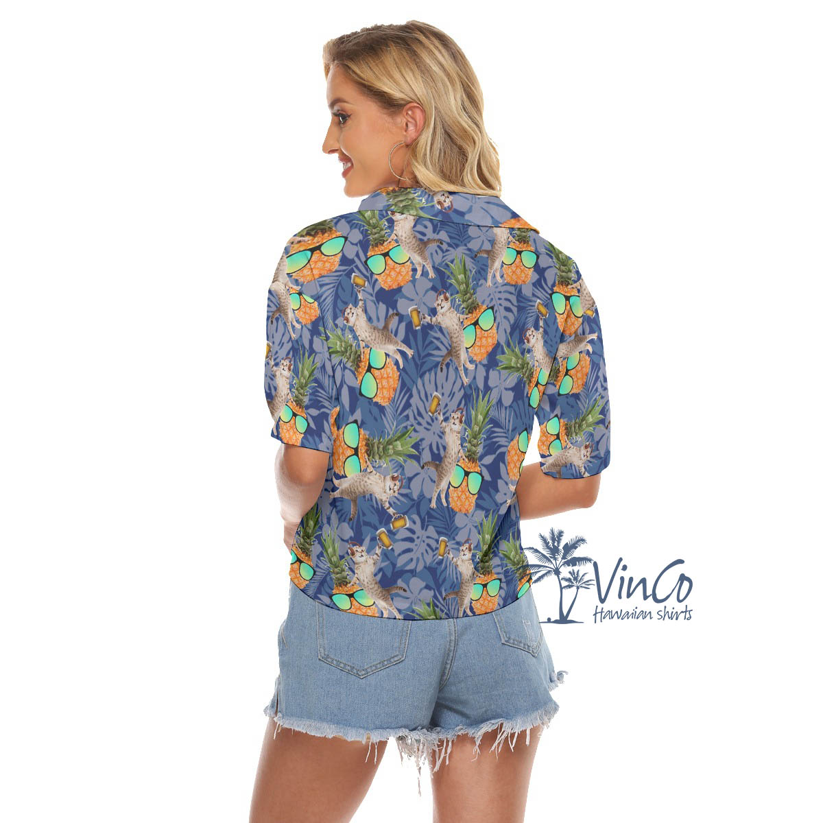 Cool Pineapple DJ Cat Hawaiian Crop Top Shirt For Women