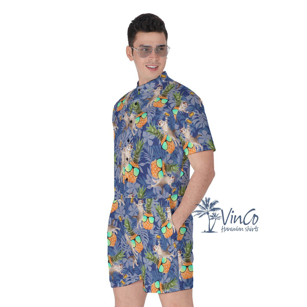 Funny DJ Cat Beer Pineapple Hawaiian Romper For Men