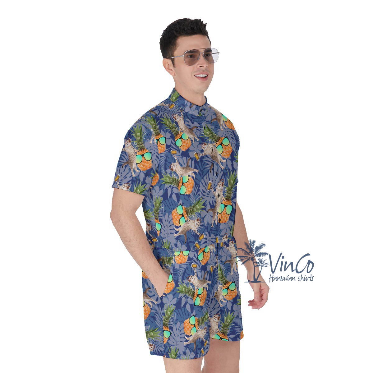 Funny DJ Cat Beer Pineapple Hawaiian Romper For Men