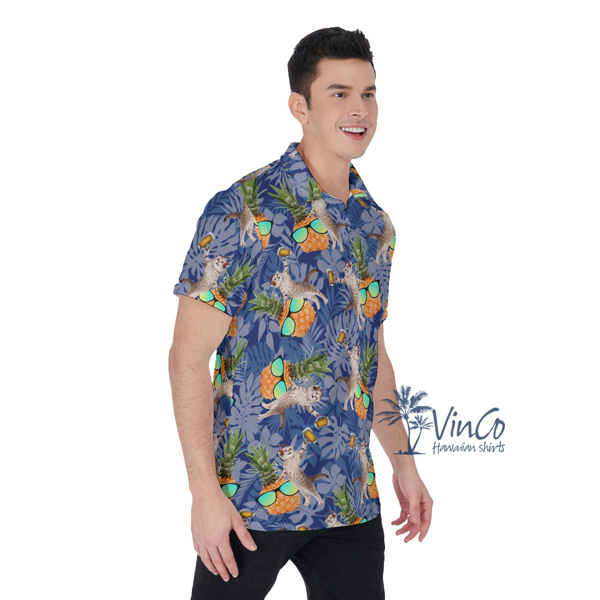 Funny Pineapple DJ Cat Hawaiian Polo Shirt For Men