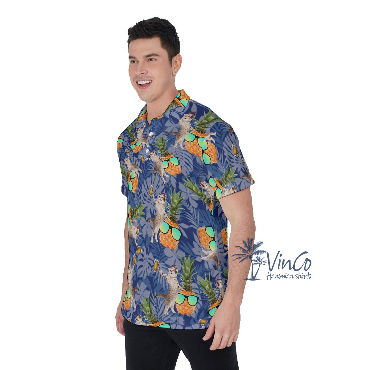 Funny Pineapple DJ Cat Hawaiian Polo Shirt For Men