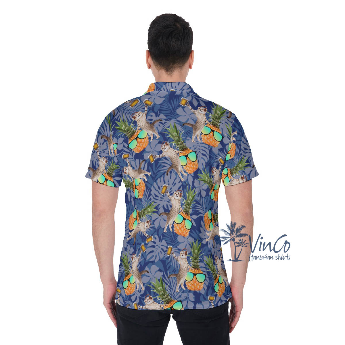 Funny Pineapple DJ Cat Hawaiian Polo Shirt For Men
