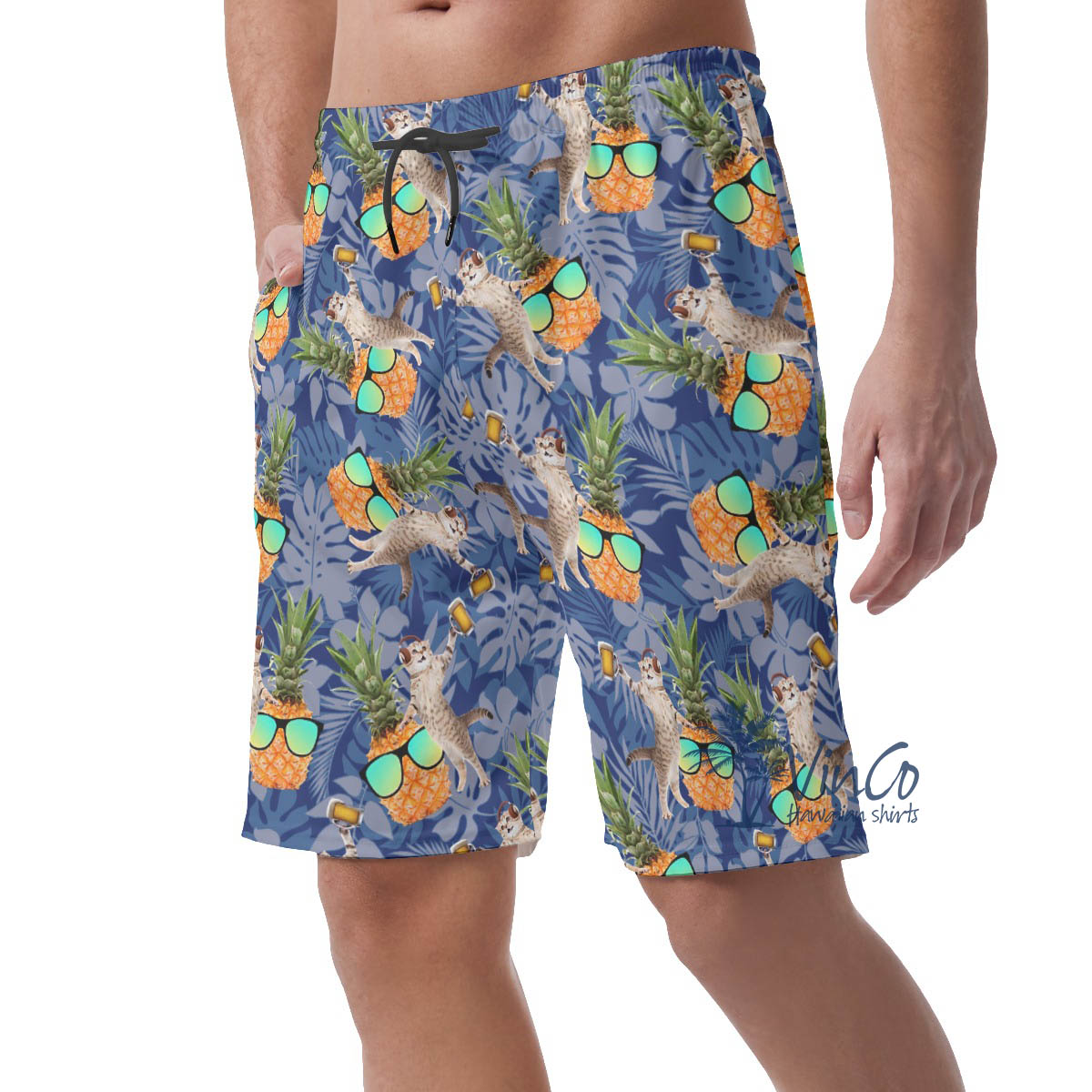 Funny DJ Cat Pineapple Hawaiian Beach Shorts For Men