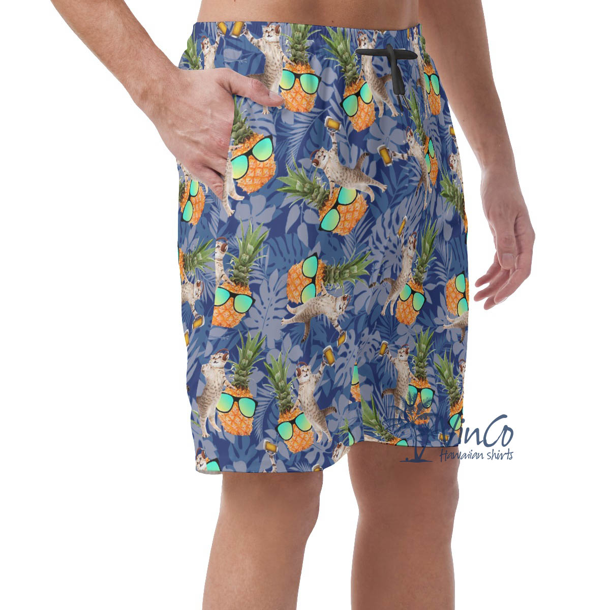 Funny DJ Cat Pineapple Hawaiian Beach Shorts For Men