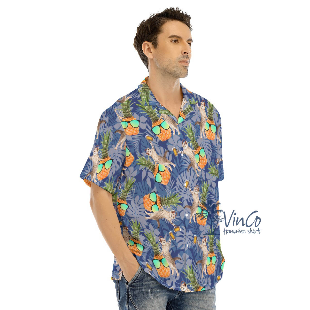 Funny DJ Cat Beer Pineapple Blue Hawaiian Shirt