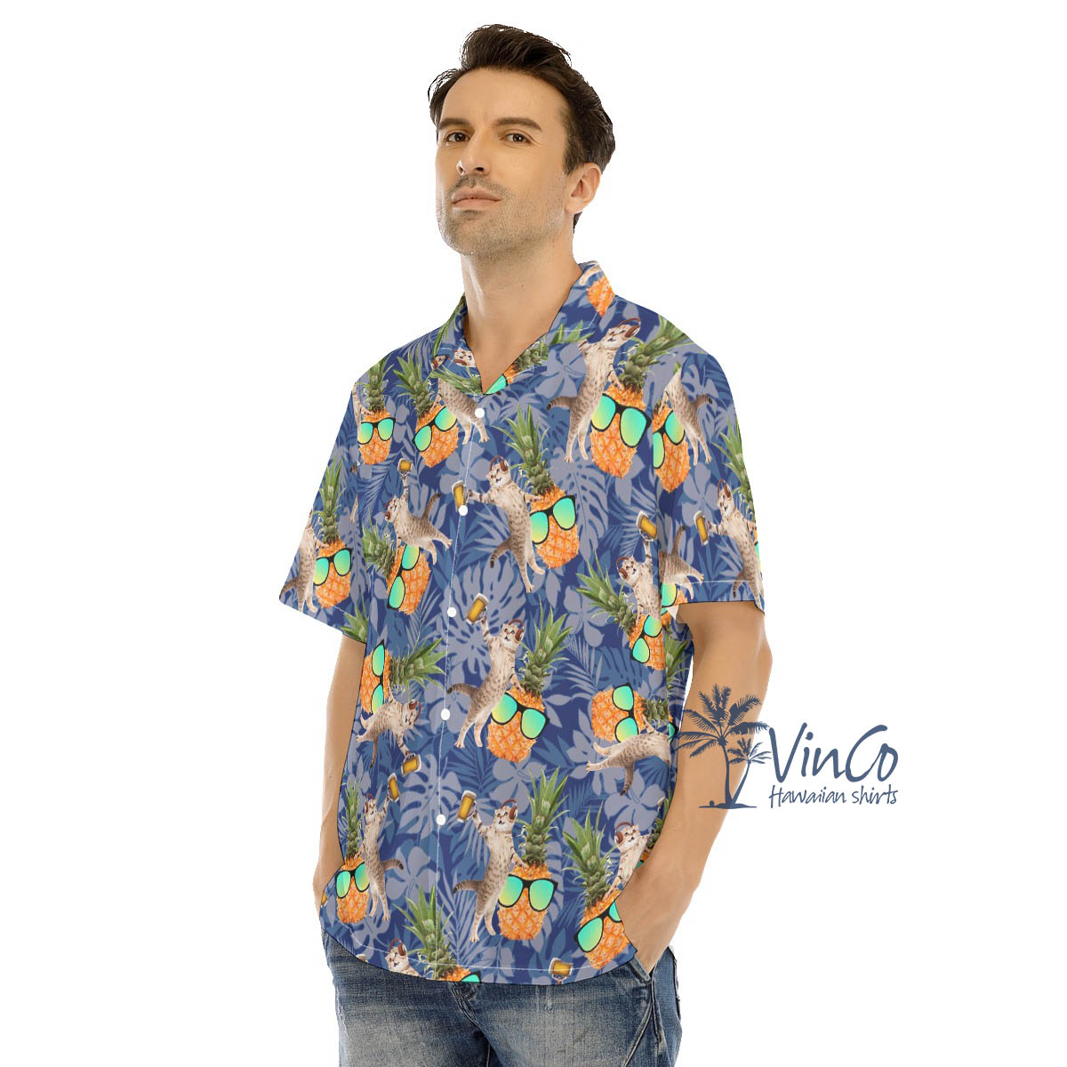 Funny DJ Cat Beer Pineapple Blue Hawaiian Shirt