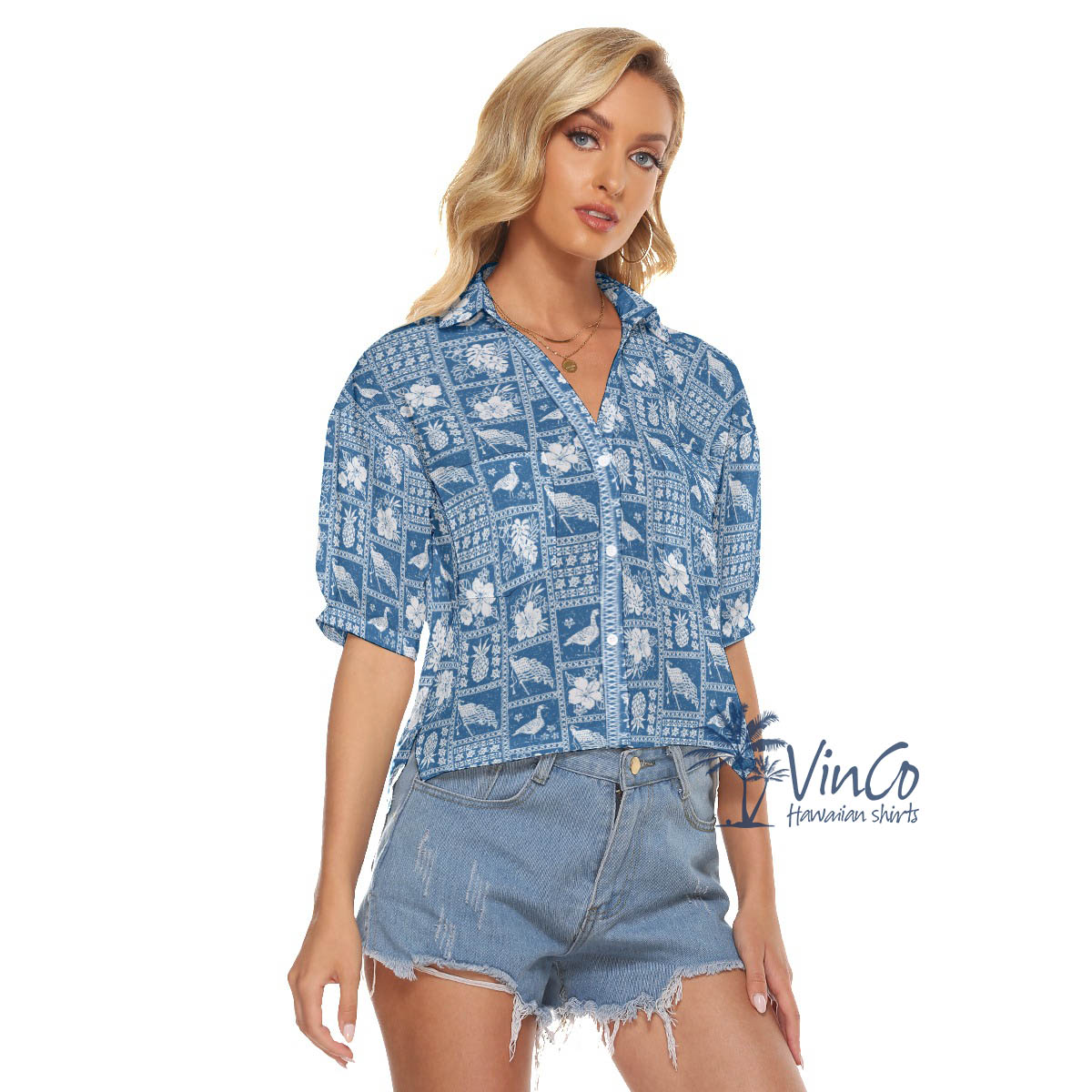 Vintage Nene American Flag Hawaiian Cropped Shirt For Women