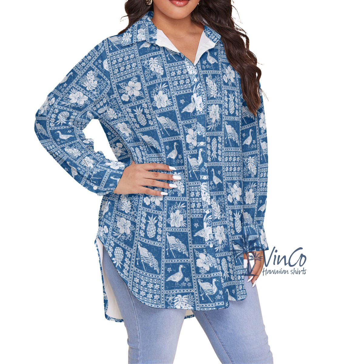 American Flag Nene Vintage Plus Size Blue Hawaiian Shirt For Women