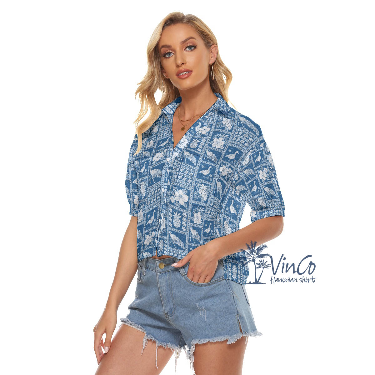 Vintage Nene American Flag Hawaiian Cropped Shirt For Women