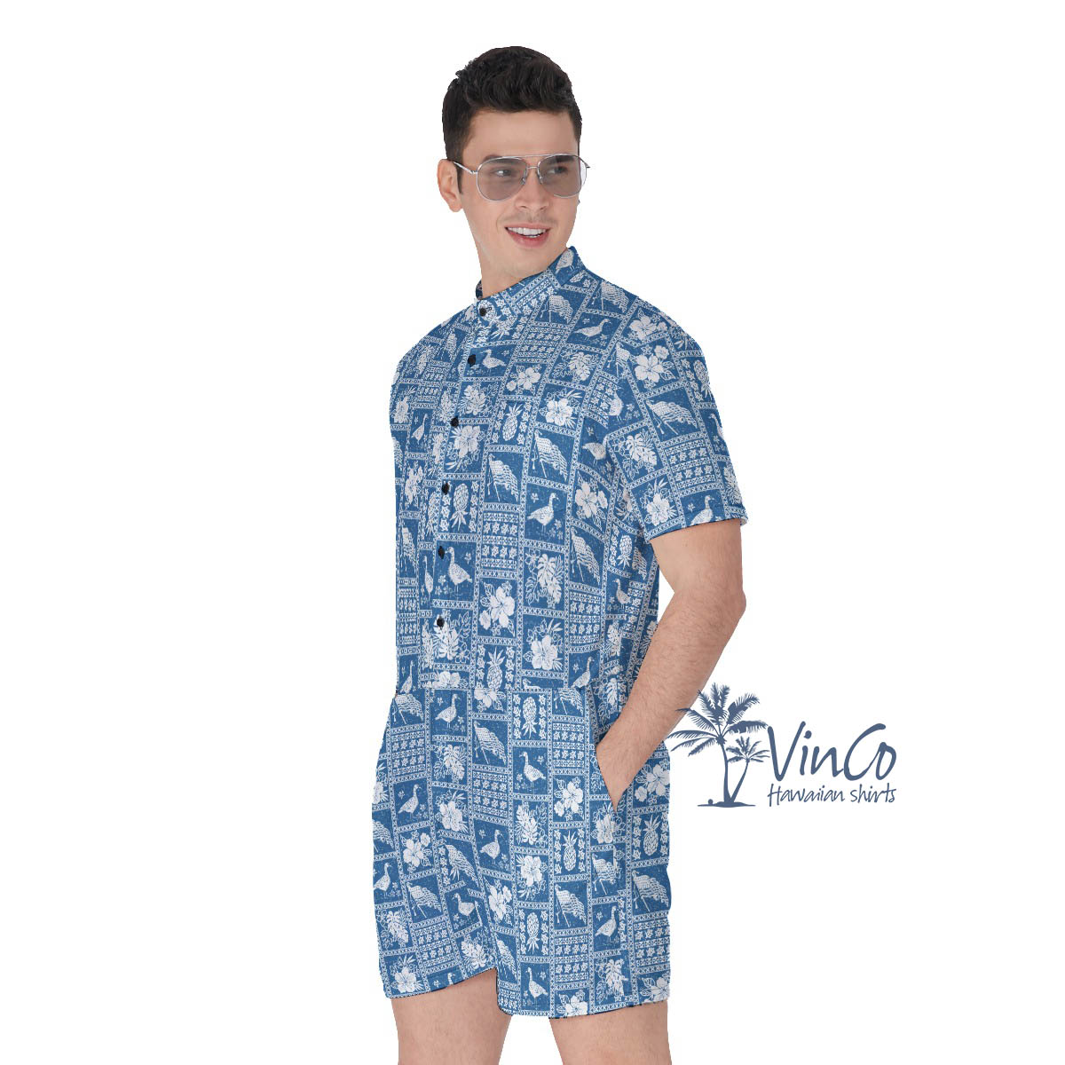 American Flag Blue Vintage Hawaiian Romper For Men