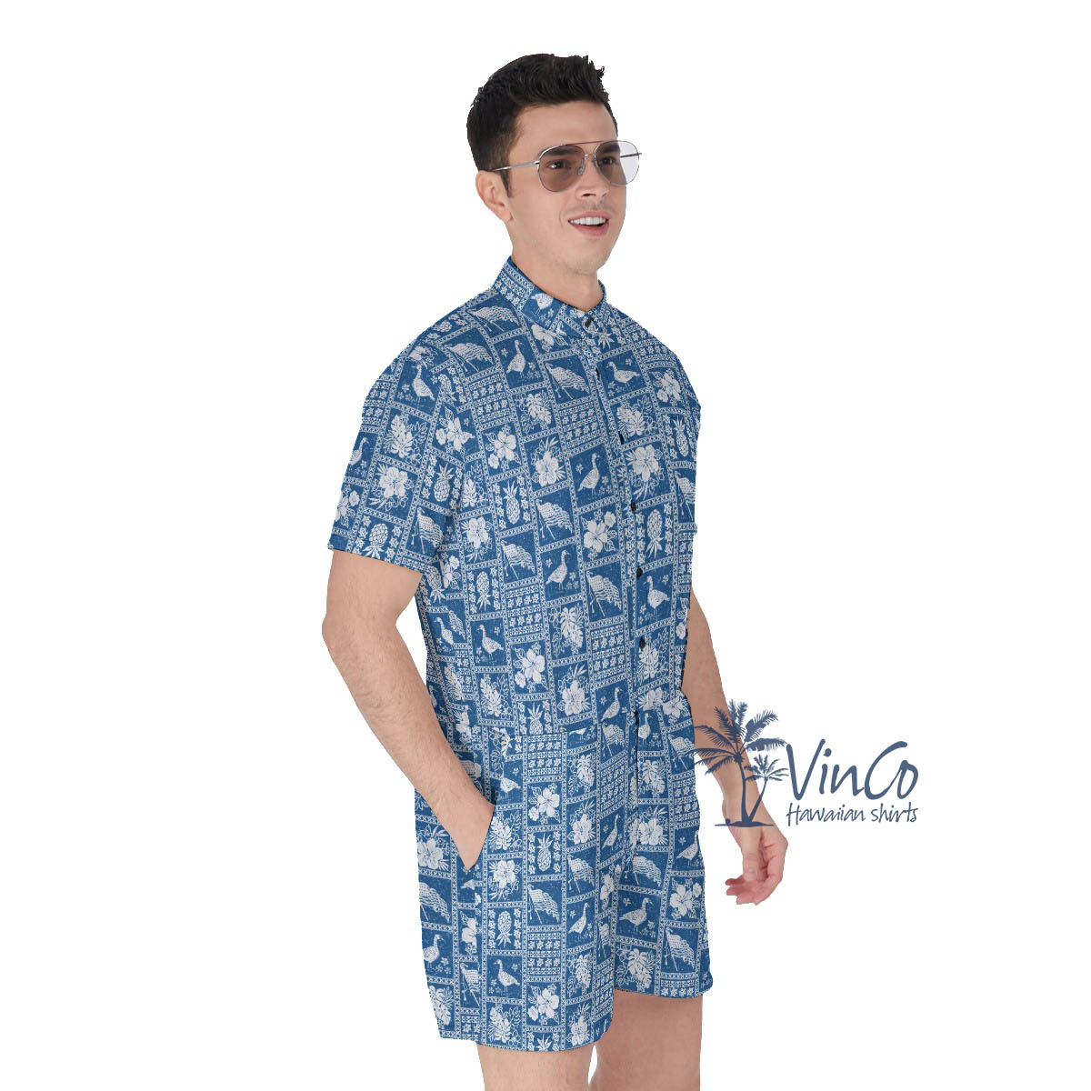 American Flag Blue Vintage Hawaiian Romper For Men