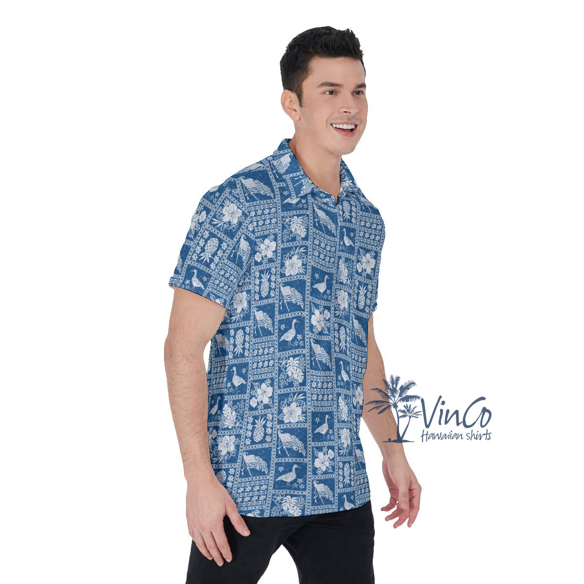 American Flag Hawaiian Goose Blue Golf Shirt For Men