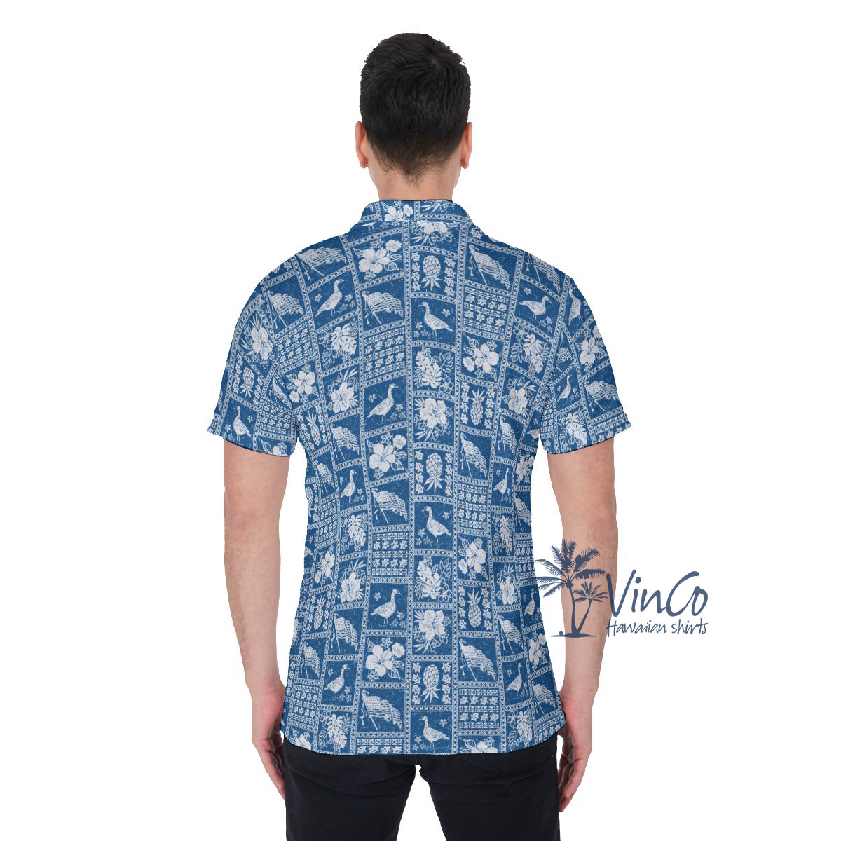 American Flag Hawaiian Goose Blue Golf Shirt For Men