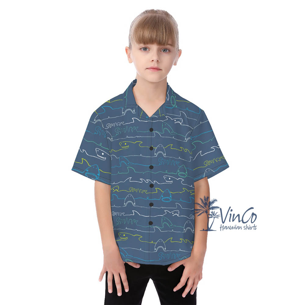 Navy Shark Kid's Hawaiian Shirt - variant image 1