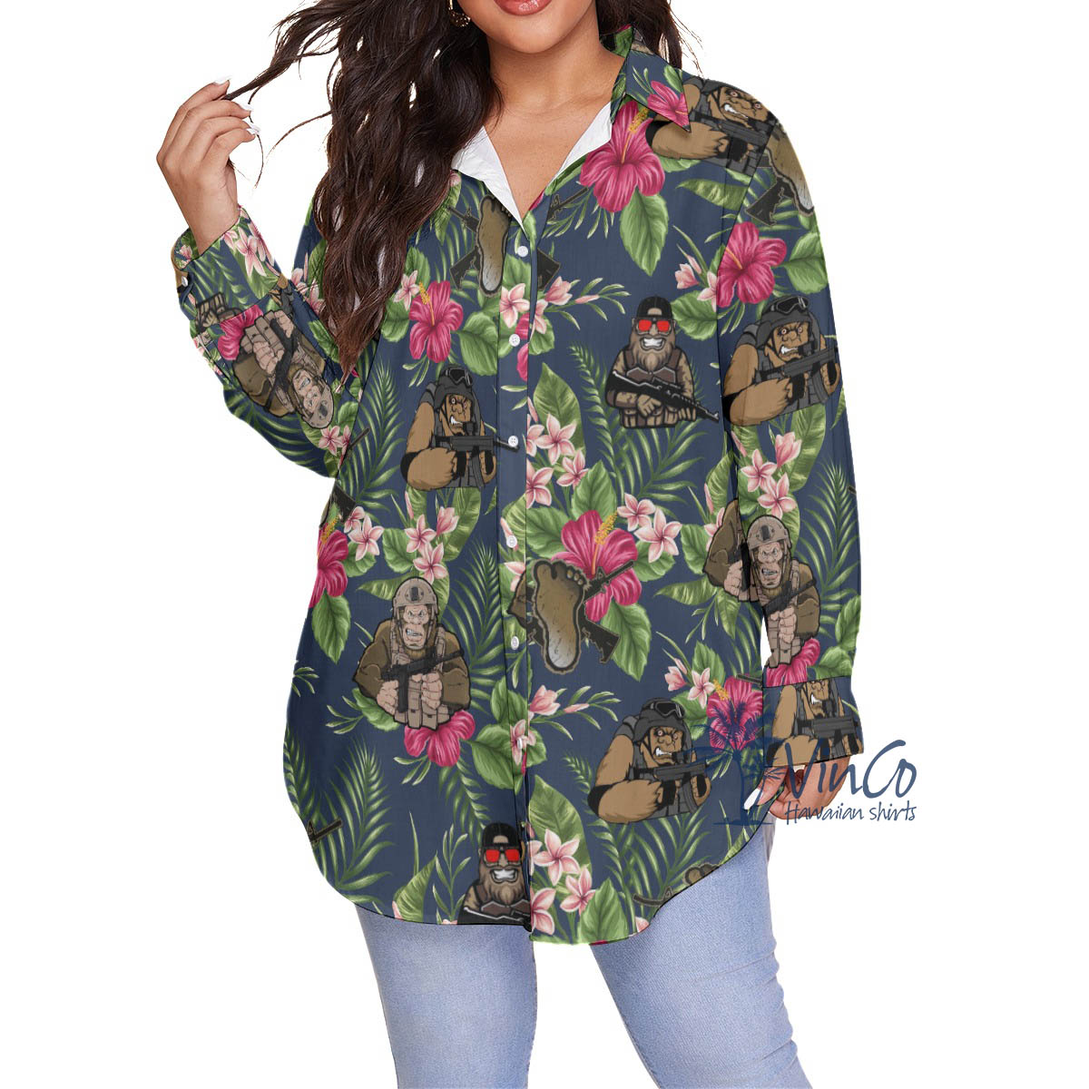 Floral Bigfoot Tacticals Hawaiian Plus Size Shirt For Women - variant image 1