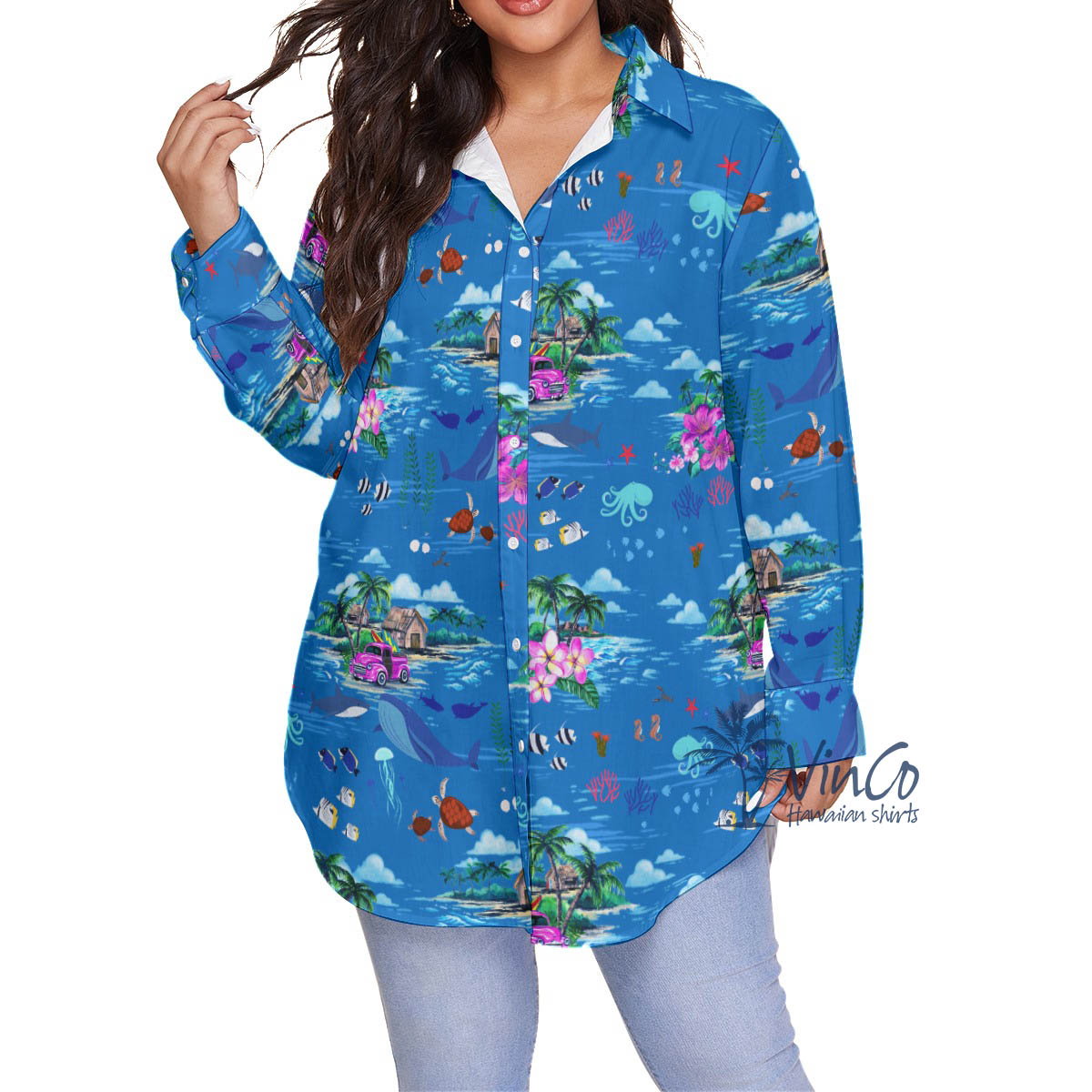 Ocean Whale Tropical Blue Hawaiian Plus Size Shirt For Women - variant image 1