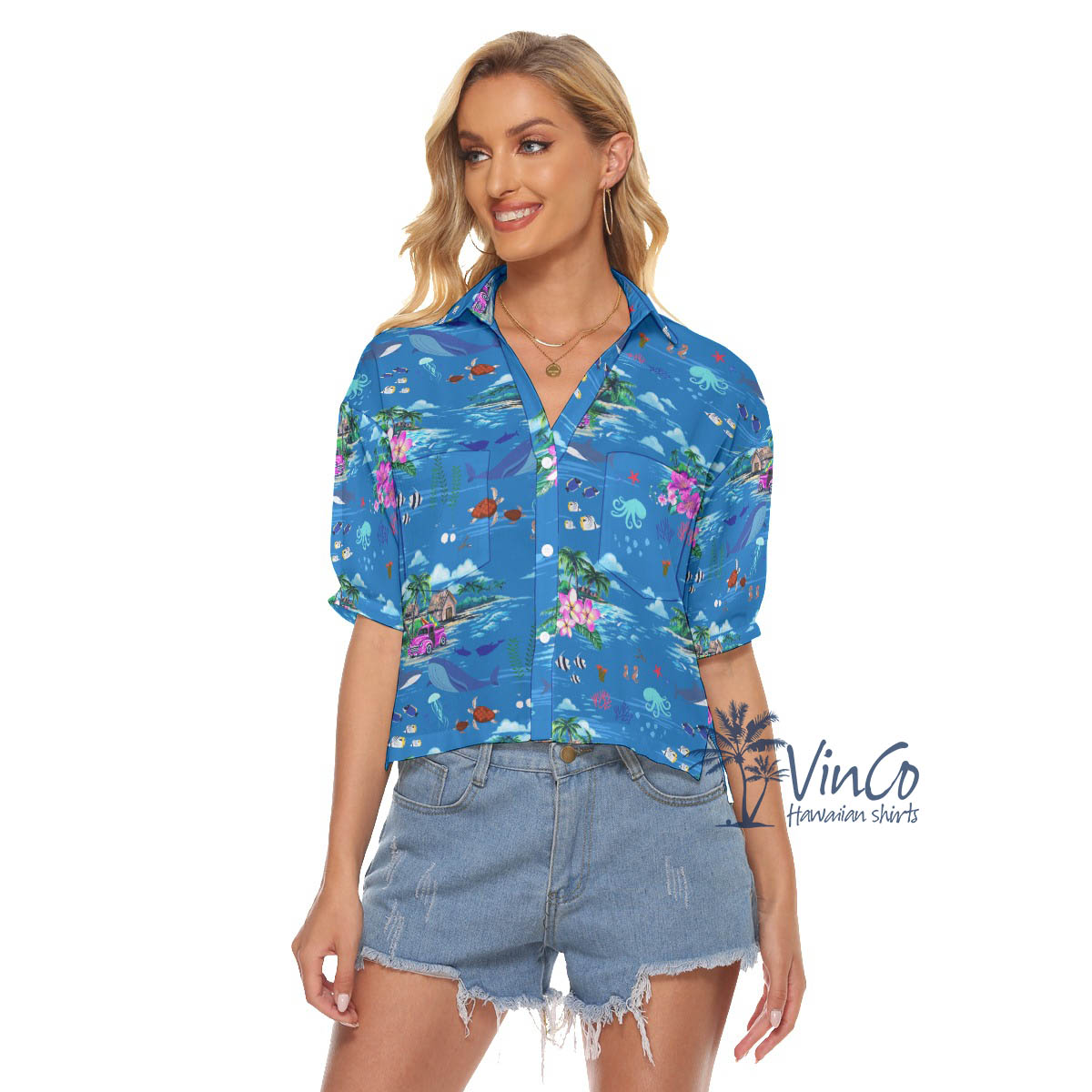 Tropical Ocean Fishes Blue Hawaiian Cropped Shirt For Women - variant image 1