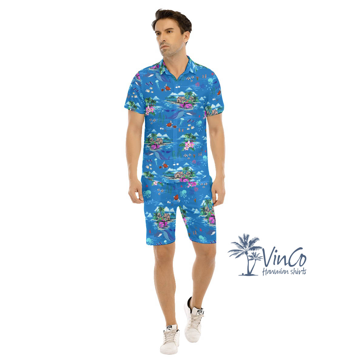 Ocean Whale Tropical Blue Hawaiian Shirt And Matching Shorts For Men - variant image 1