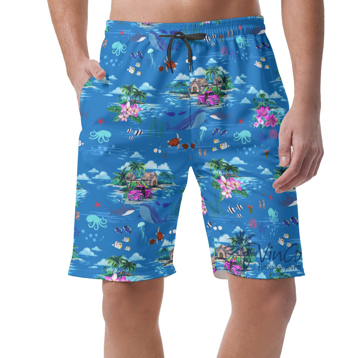 Ocean Creatures Tropical Blue Hawaiian Beach Shorts For Men - variant image 1
